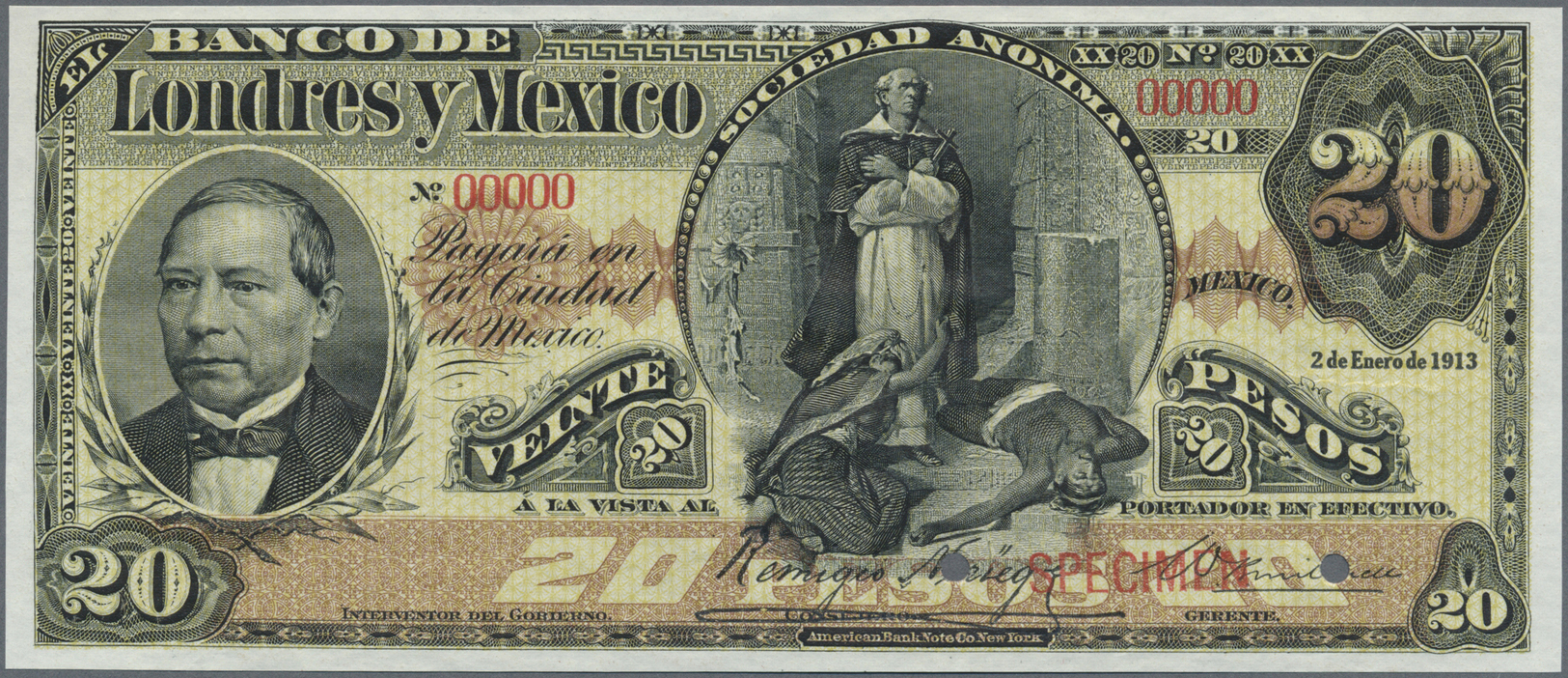 01704 Mexico: Banco De Londres Y México 20 Pesos 1913 SPECIMEN, P.S235s, Punch Hole Cancellation And Red Overprint Speci - Mexico