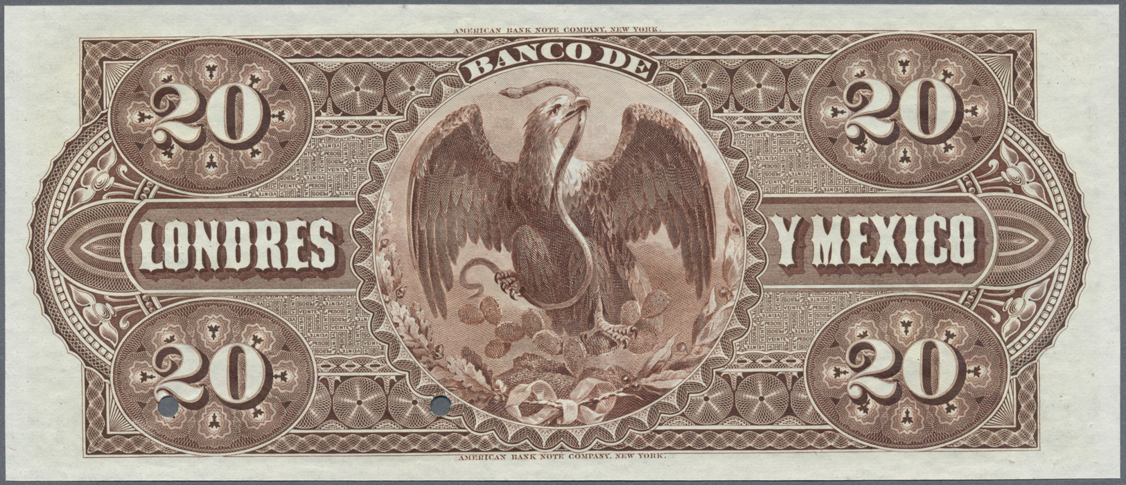 01704 Mexico: Banco De Londres Y México 20 Pesos 1913 SPECIMEN, P.S235s, Punch Hole Cancellation And Red Overprint Speci - Mexico