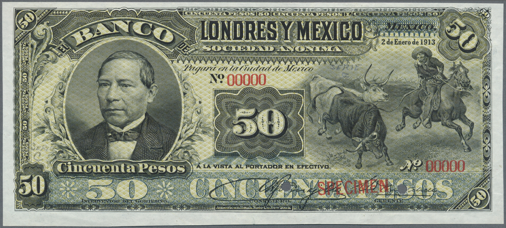 01705 Mexico: Banco De Londres Y México 50 Pesos 1913 SPECIMEN, P.S236s, Punch Hole Cancellation And Red Overprint Speci - Mexico