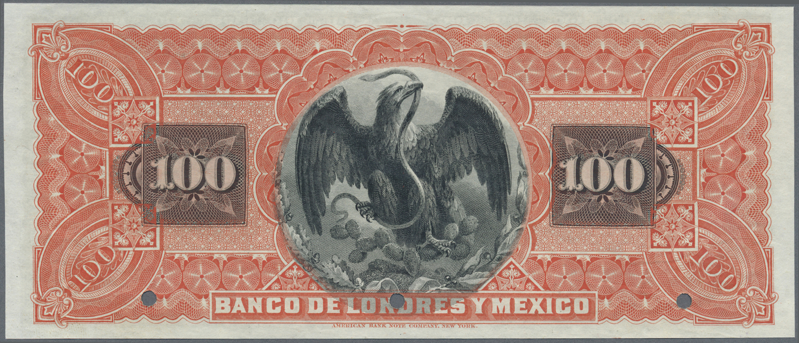 01706 Mexico:  Banco De Londres Y México 100 Pesos 1889-1913, Serie "C" SPECIMEN, P.S237ds, Punch Hole Cancellation And - Mexico