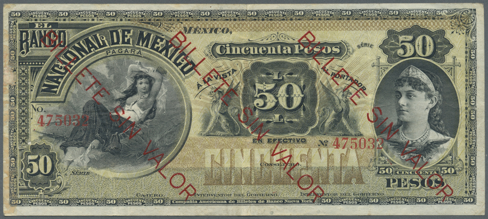 01708 Mexico: El Banco Nacional De Mexico 50 Pesos ND Remainder With Red Overprint "Billete Sin Valor", Normal Serial Nu - Mexico