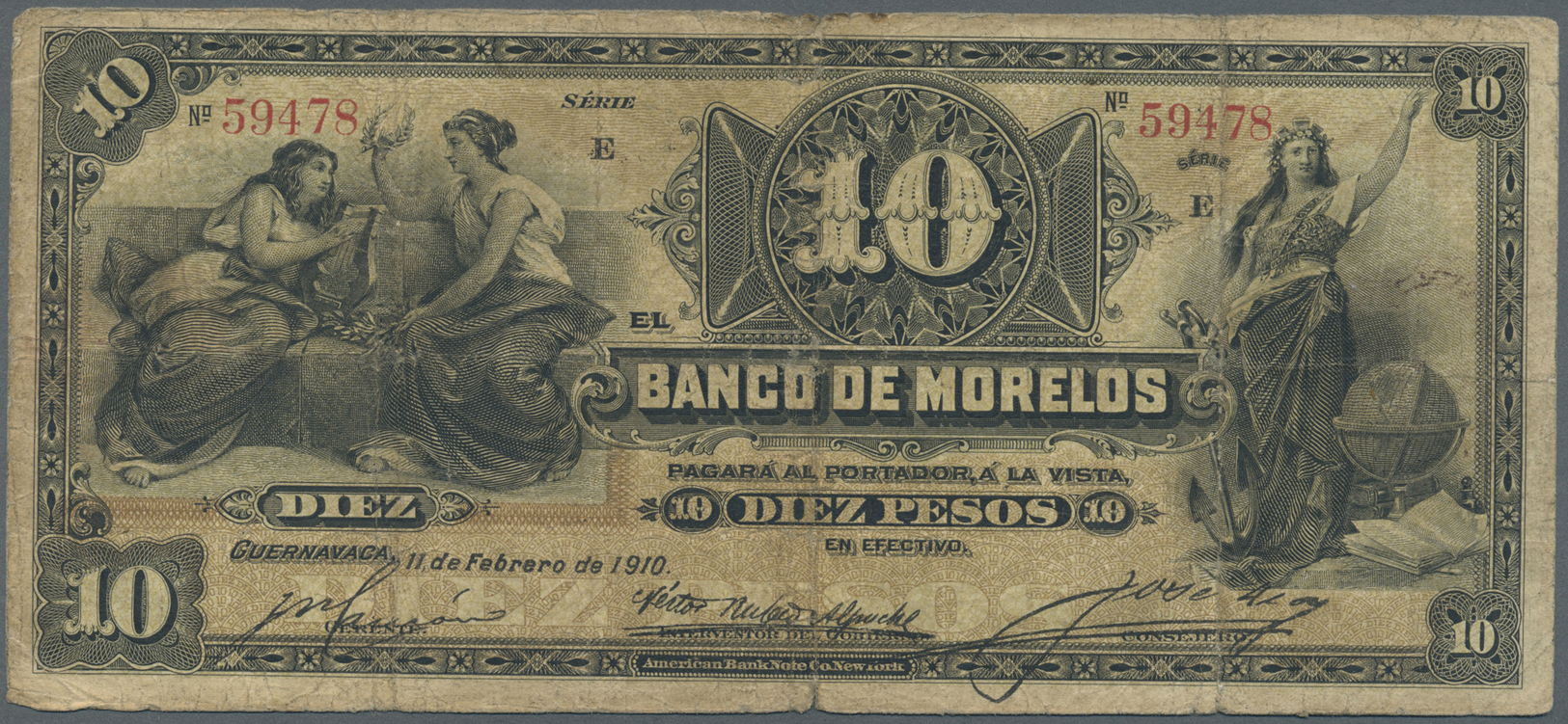 01710 Mexico: El Banco De Morelos 10 Pesos 1910 P. S346b, Used With Several Folds, Stronger Center Fold, Borders A Bit W - Mexico