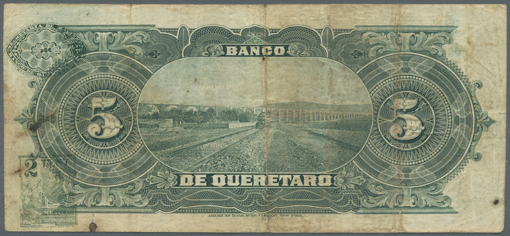 01711 Mexico: El Banco De Queretaro 5 Pesos 1914 P. S390b, Used With Several Folds And Craeses, One Stain Dot At Lower R - Mexico