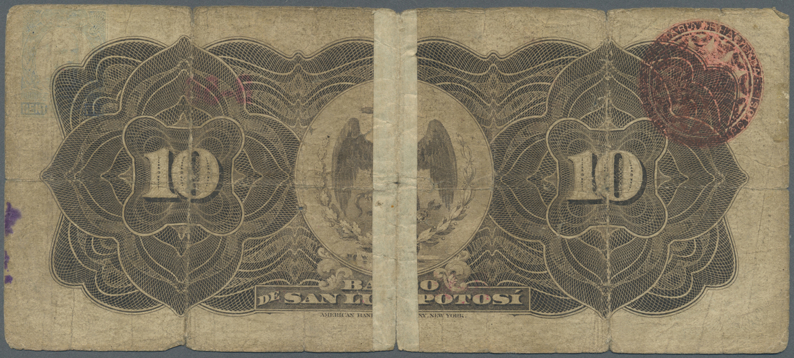 01712 Mexico: El Banco De San Luis Potosi 10 Pesos 1901 P. S400b Series B, Stronger Used With Strong Vertical Folds, Sev - Mexico
