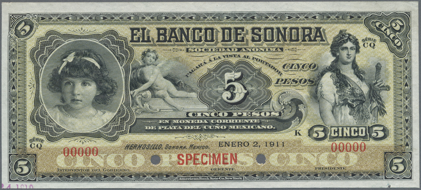 01713 Mexico: El Banco De Sonora 5 Pesos 1911 SPECIMEN, P.S419s, Punch Hole Cancellation And Red Overprint Specimen At L - Mexico