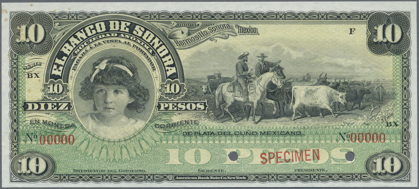 01714 Mexico: El Banco De Sonora 10 Pesos 1899-1911 SPECIMEN, P.S420s, Punch Hole Cancellation And Red Overprint Specime - Mexico