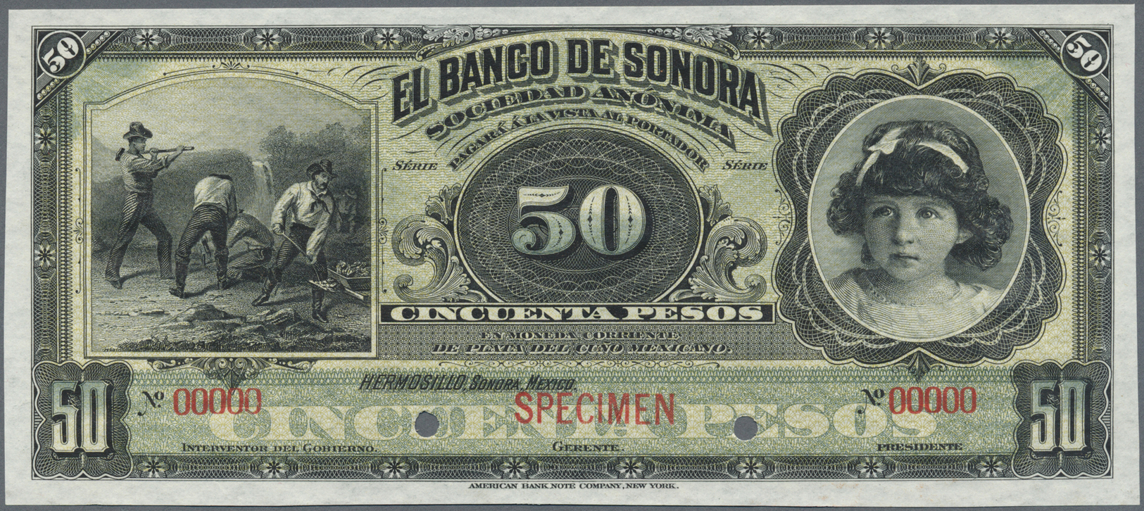 01716 Mexico: El Banco De Sonora 50 Pesos 1899-1911 SPECIMEN, P.S422s, Punch Hole Cancellation And Red Overprint Specime - Mexico