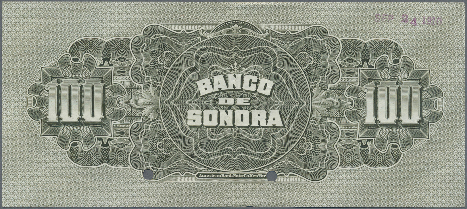 01717 Mexico: El Banco De Sonora 100 Pesos 1911 SPECIMEN, P.S423s, Punch Hole Cancellation And Red Overprint Specimen At - Mexico