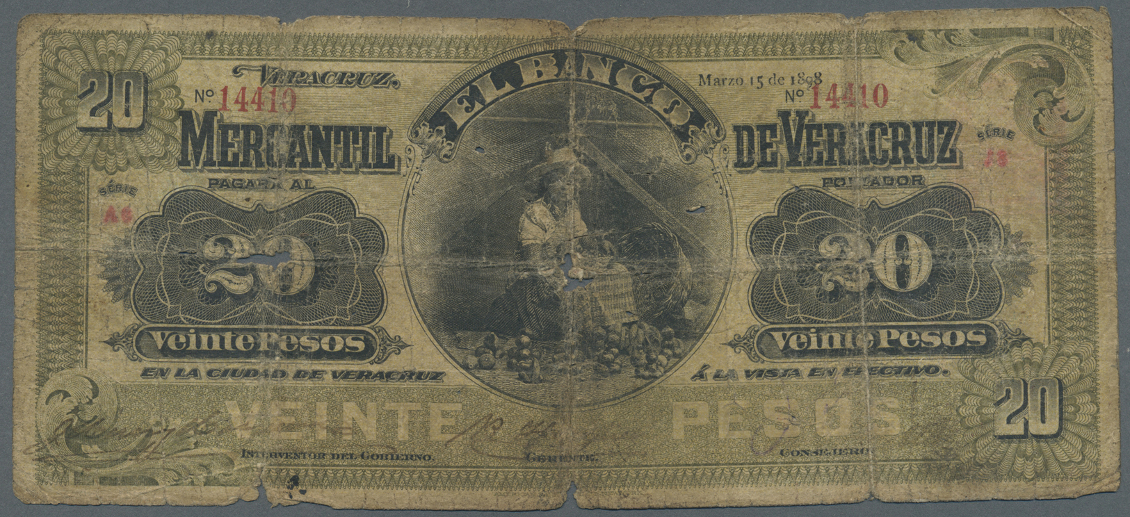 01719 Mexico: El Banco Mercantil De Veracruz 20 Pesos 1898 P. S440a Earliest Date Listed, Stronger Used With Very Strong - Mexico