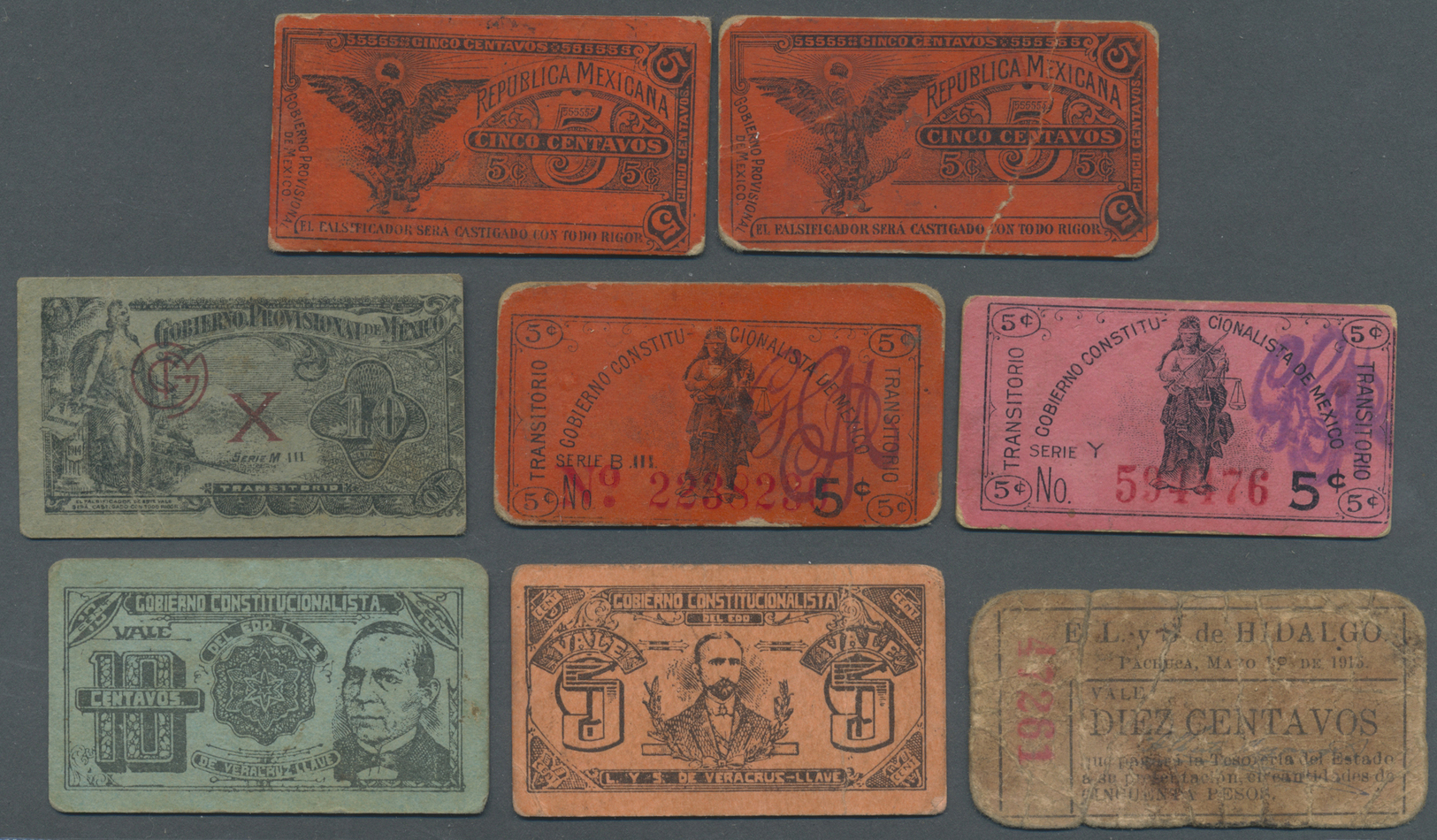 01721 Mexico: Set Of 8 Provisional Banknote Issues Containing 2x 5 Centavos 1918 "GOBIERNO PROVISIONAL DE MÉXICO" P. S69 - Mexico