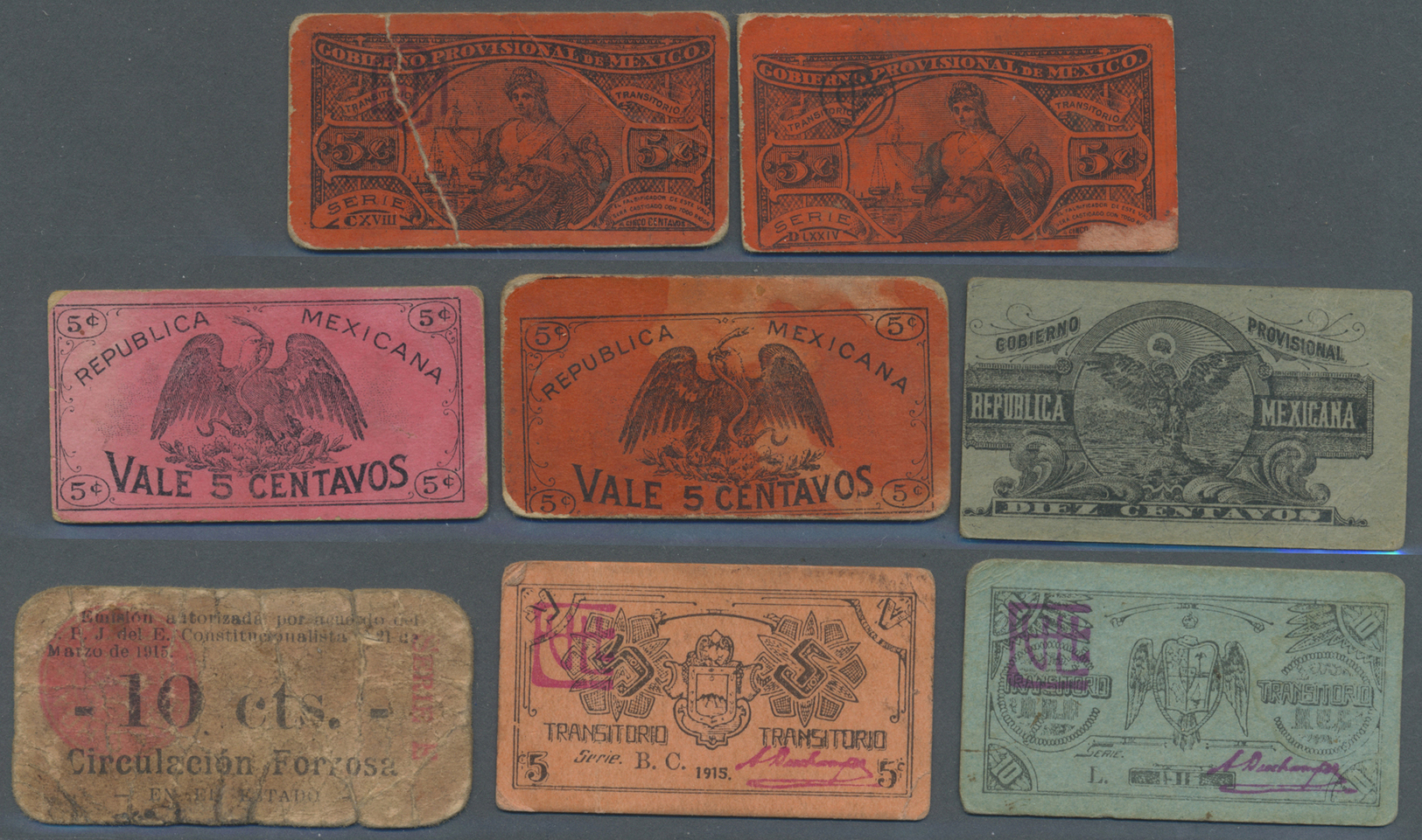 01721 Mexico: Set Of 8 Provisional Banknote Issues Containing 2x 5 Centavos 1918 "GOBIERNO PROVISIONAL DE MÉXICO" P. S69 - Mexico