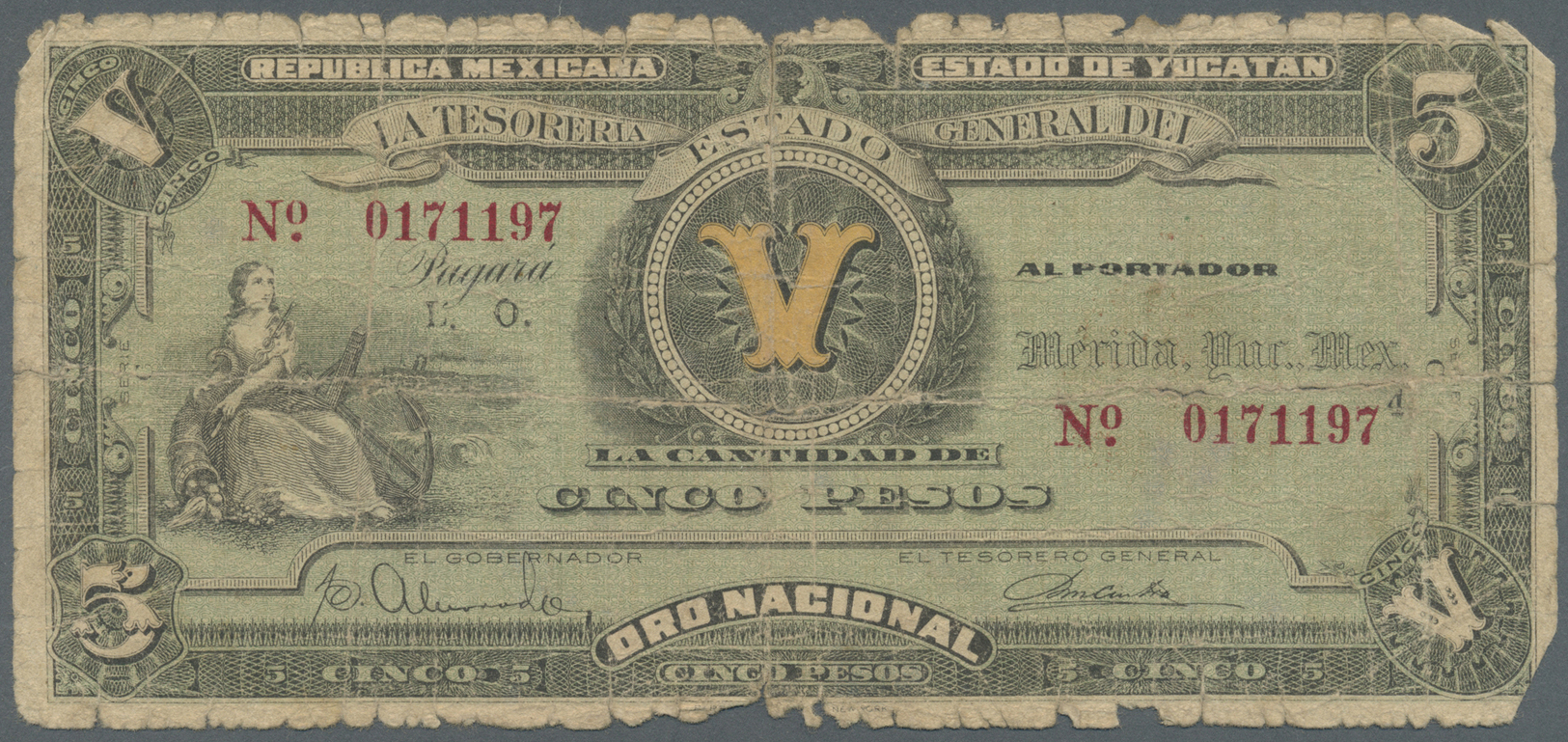 01722 Mexico: Yucatan, Tesoreria General Del Estado 5 Pesos 1916 P. S1137, Very Strong Used With Lots Of Border Wear, St - Mexico
