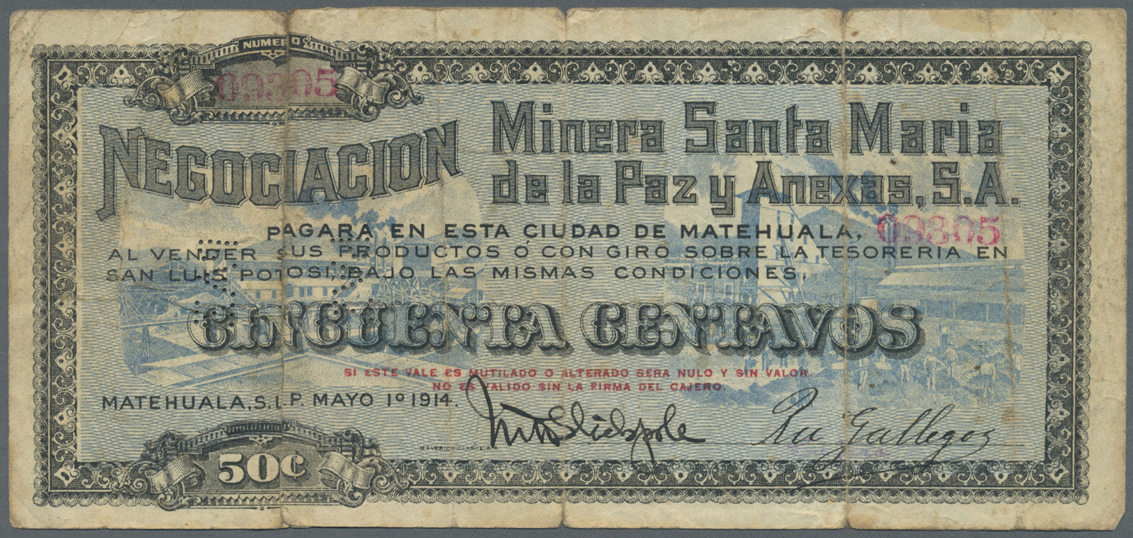 01723 Mexico: Negociacion Minera Santa Maria De La Paz Y Anexas S.A. 50 Centavos 1914 P. NL, Used With Several Folds, Pe - Mexico