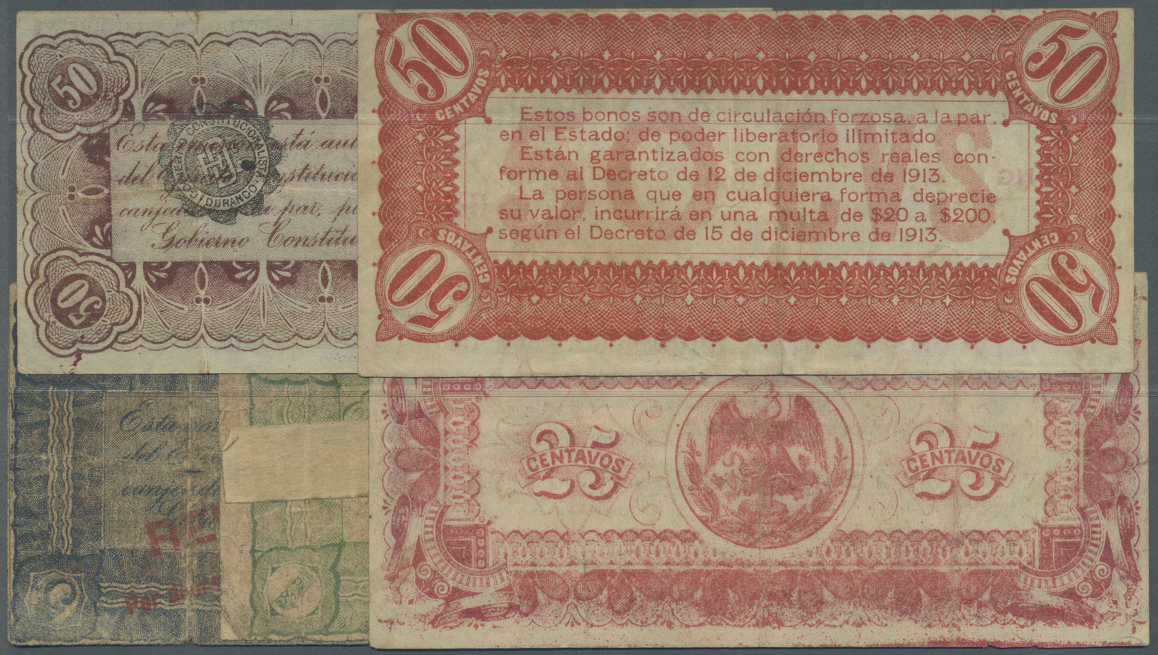 01724 Mexico: El Estado De Durango Set Of 5 Banknotes Containing 1 Peso 1914, 5 Pesos 1914, 25 Centavos ND, 50 Centavos - Mexico