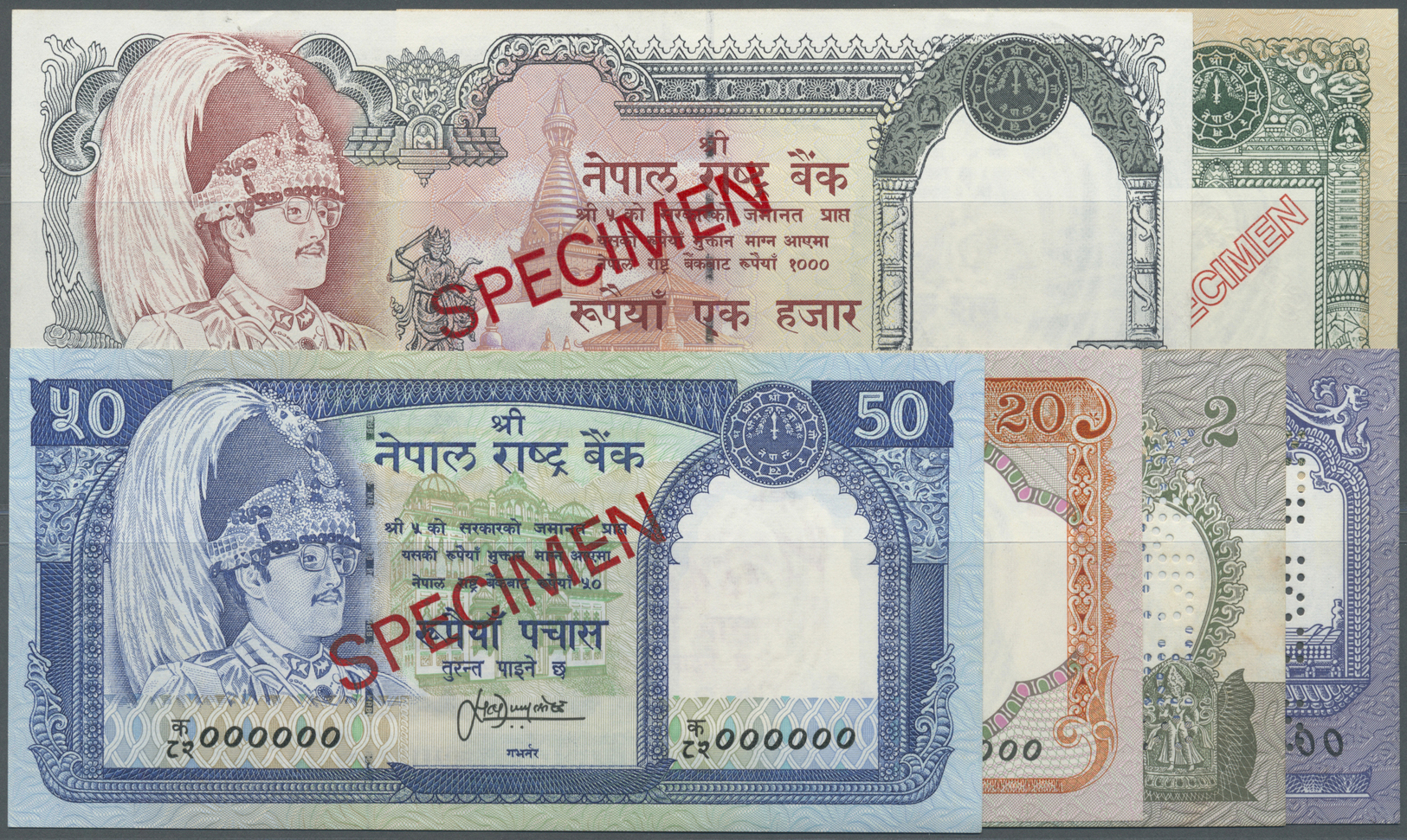 01781 Nepal: Set Of 6 Different Specimen Banknotes Containing 1, 2, 20, 50, 100 And 1000 Rupees ND(1981-2001), All In Co - Nepal