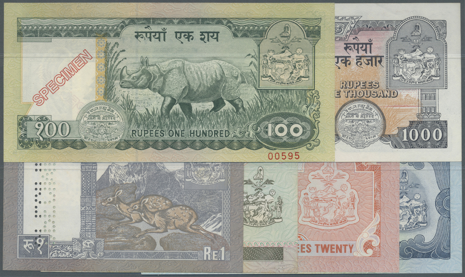 01781 Nepal: Set Of 6 Different Specimen Banknotes Containing 1, 2, 20, 50, 100 And 1000 Rupees ND(1981-2001), All In Co - Nepal