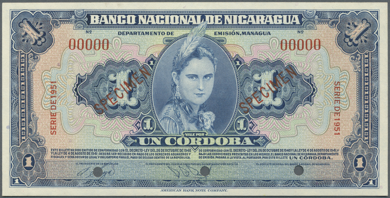 01855 Nicaragua: 1 Cordoba 1951 Specimen P. 91Bs, 3 Cancellation Holes, Zero Serial Numbers, Specimen Overprint In Condi - Nicaragua