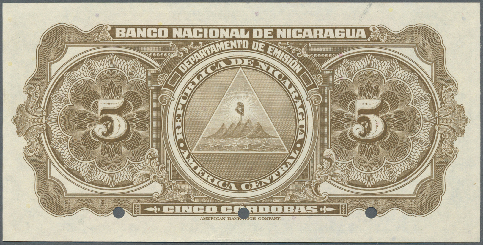 01856 Nicaragua: 5 Cordobas 1951 Specimen P. 93Cs, 3 Cancellation Holes, Zero Serial Numbers, Specimen Overprint In Cond - Nicaragua
