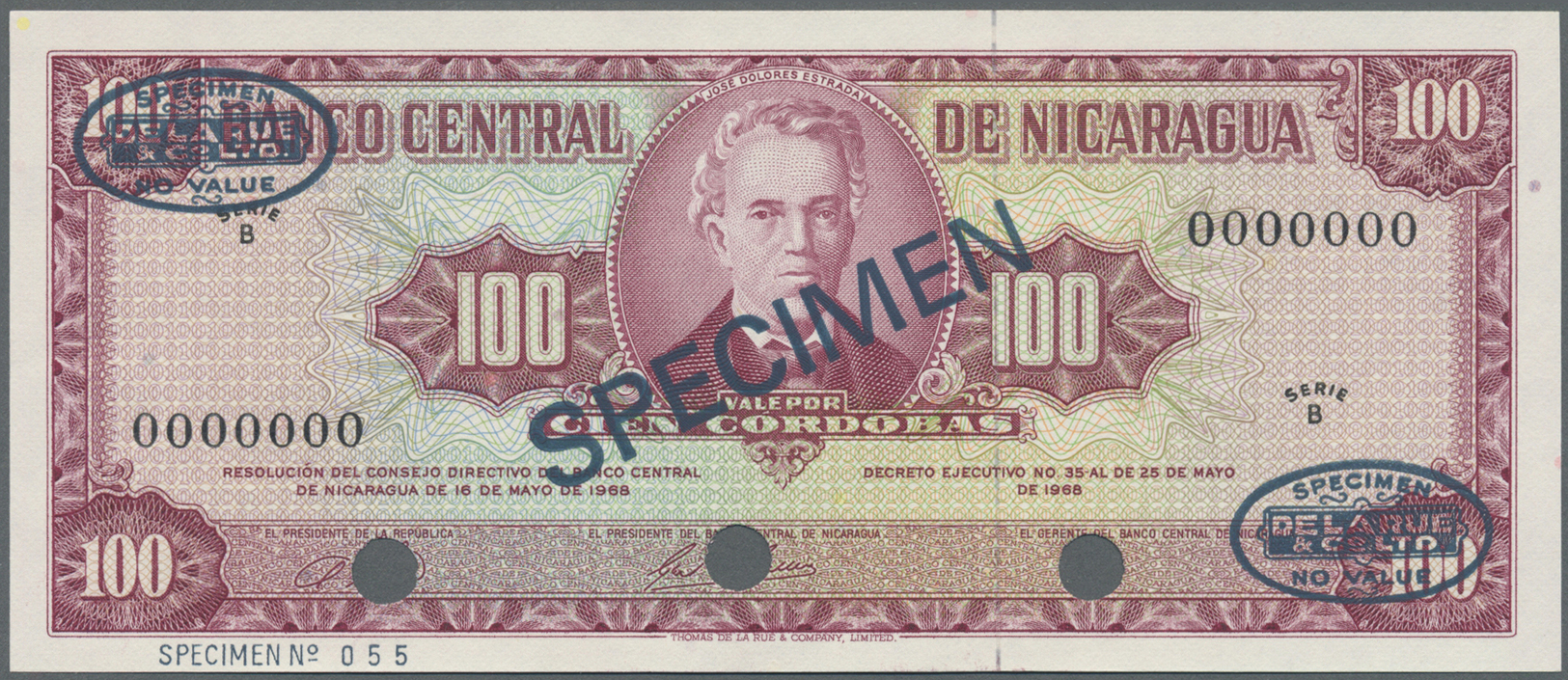 01858 Nicaragua: 100 Cordobas 1968 Specimen P. 120bs In Condition: UNC. - Nicaragua