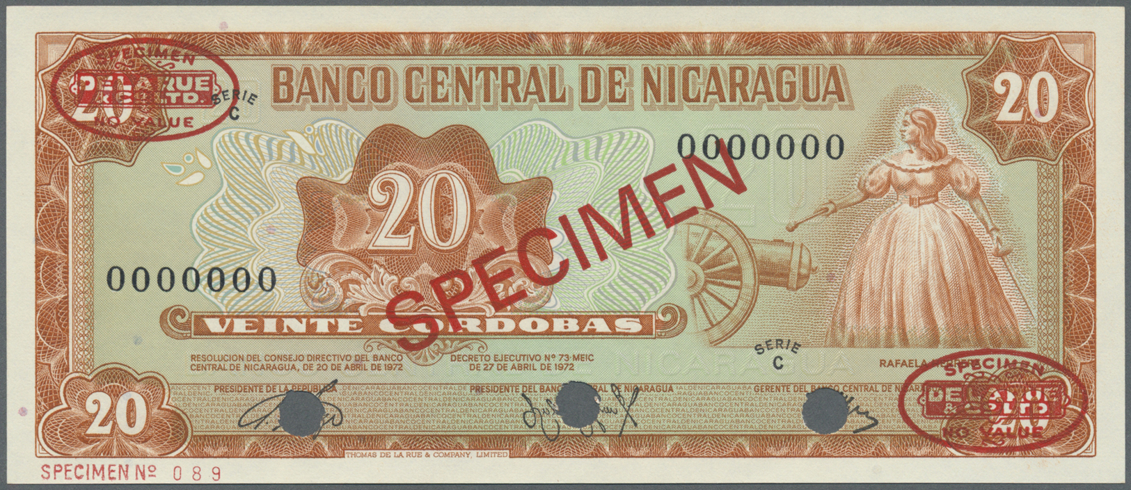 01859 Nicaragua: 20 Cordobas 1972 Specimen P. 124s In Condition: UNC. - Nicaragua
