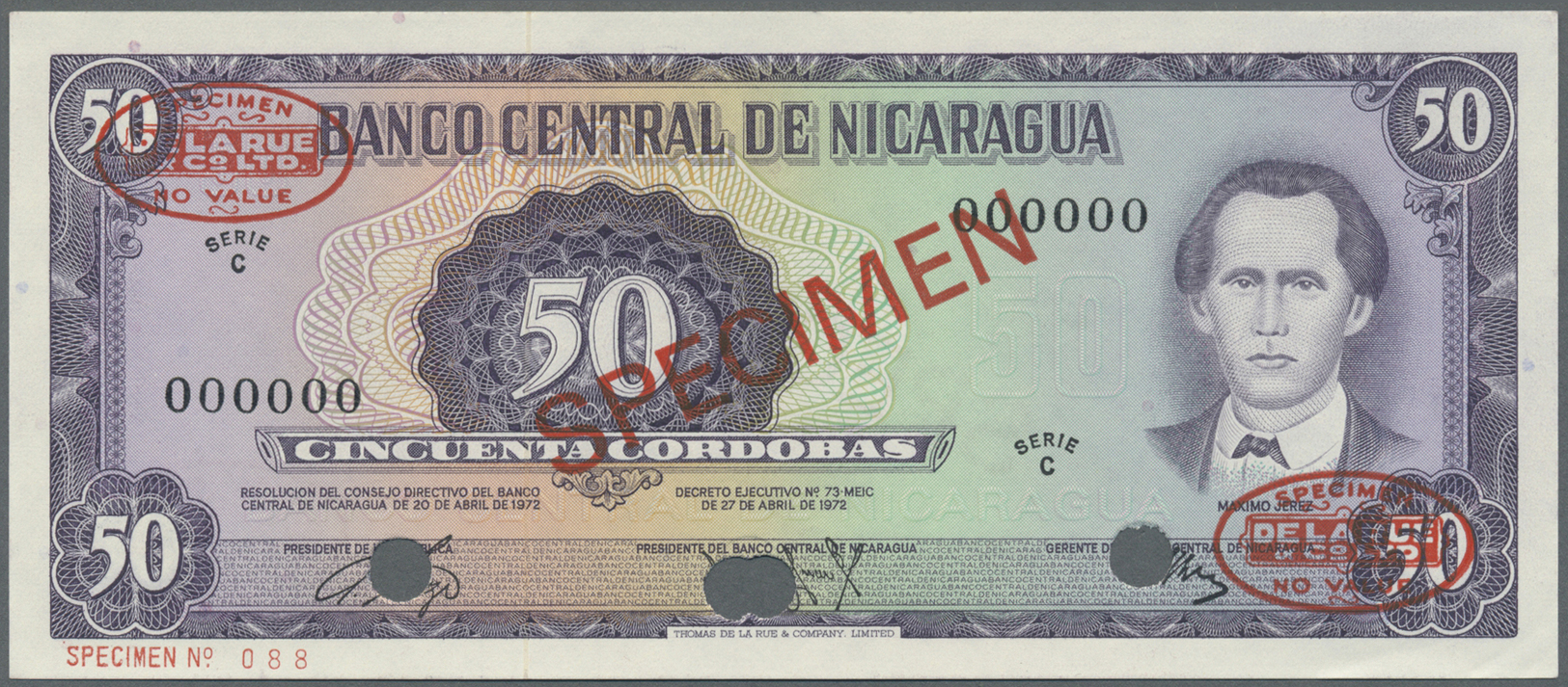 01860 Nicaragua: 50 Cordobas 1972 Specimen P. 125s With Light Corner Fold In Condition: AUNC. - Nicaragua