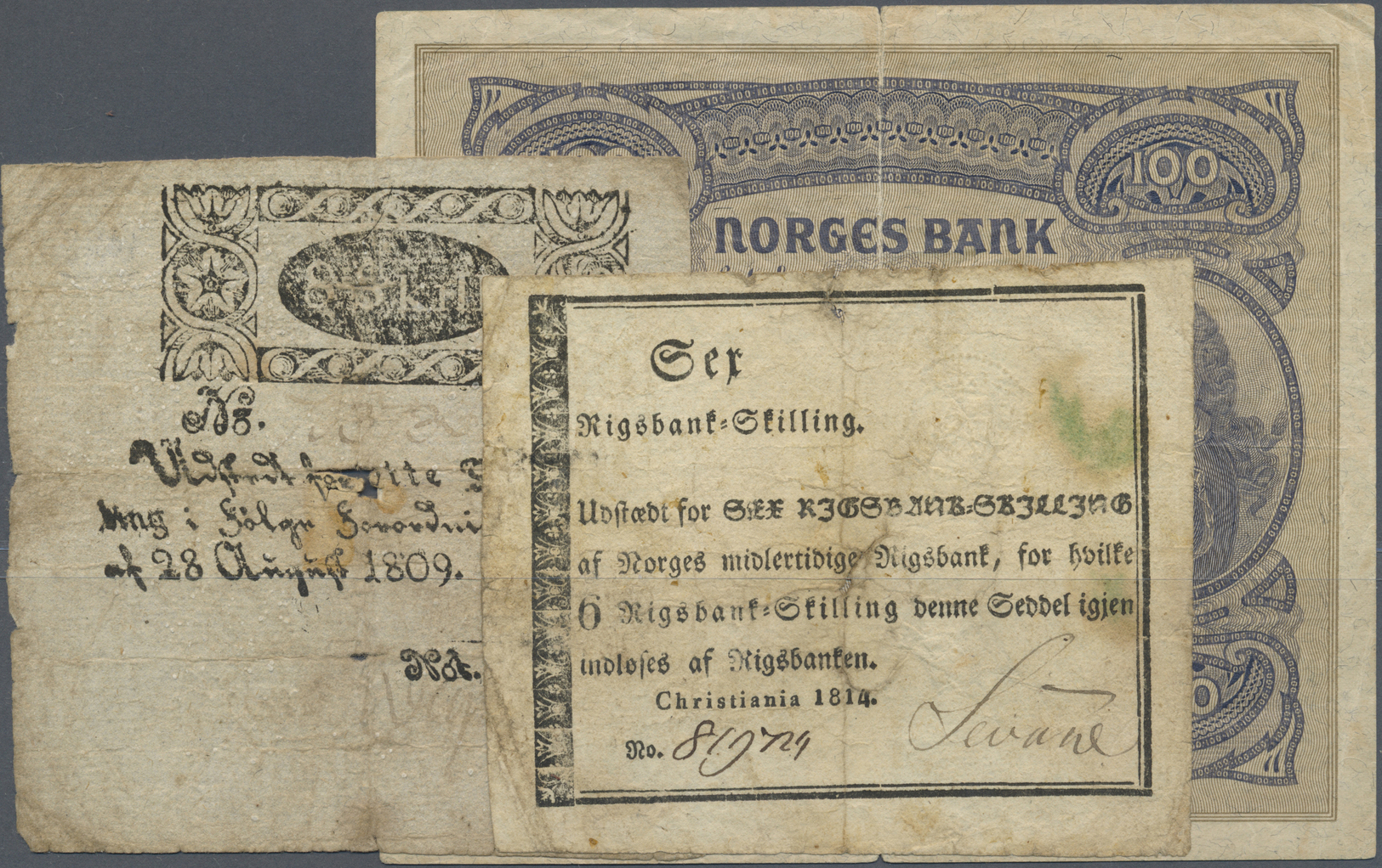 01913 Norway / Norwegen: Small Lot With 3 Banknotes 8 Skilling Denmark 1809 P.A40 (VG/F-), 6 Riksbank Skilling Norway 18 - Norvegia