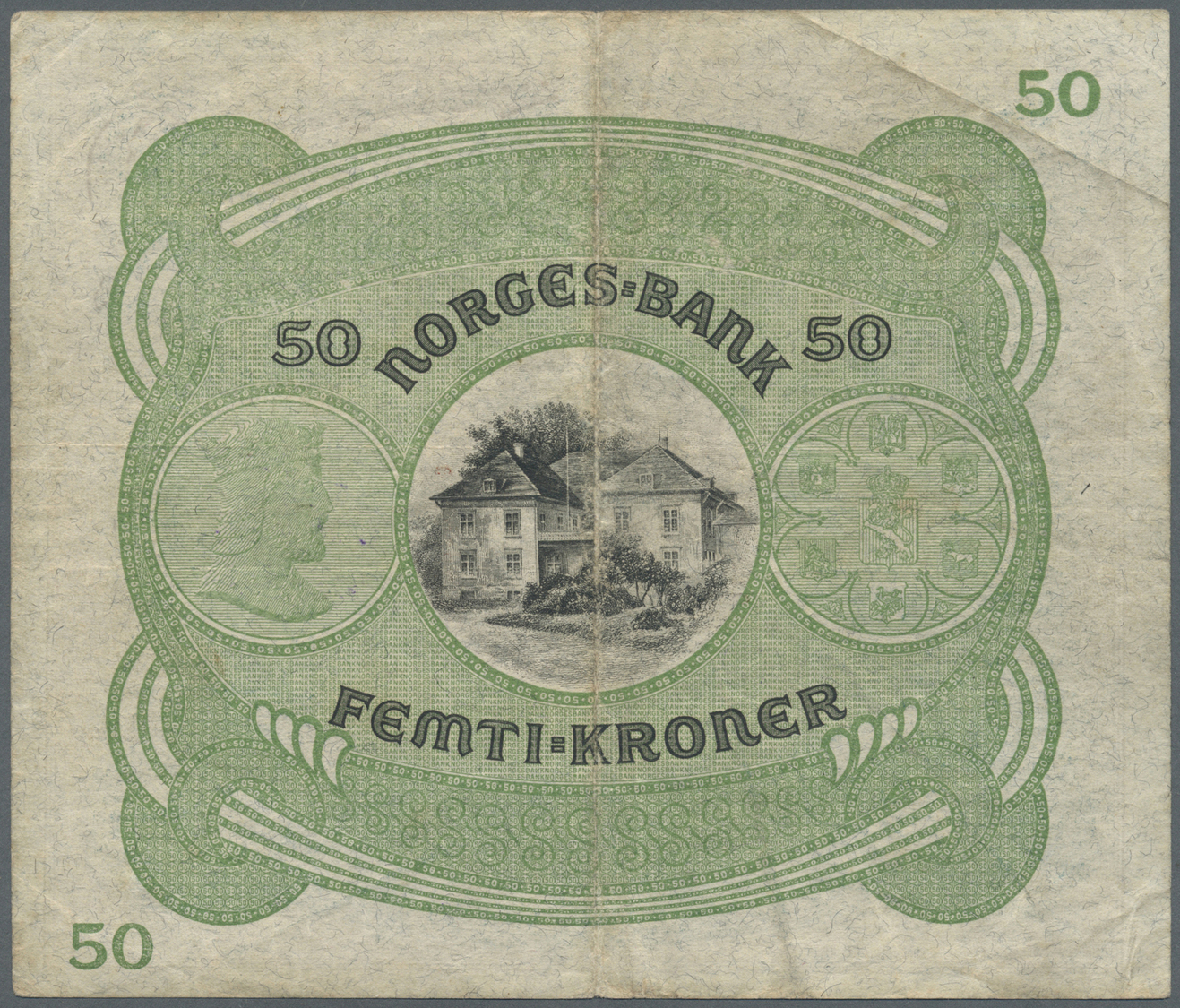 01915 Norway / Norwegen: 50 Kroner 1943 P. 9d, Used Stronger Center Fold, Vertical Folds, No Holes Or Tears, Not Washed - Norway