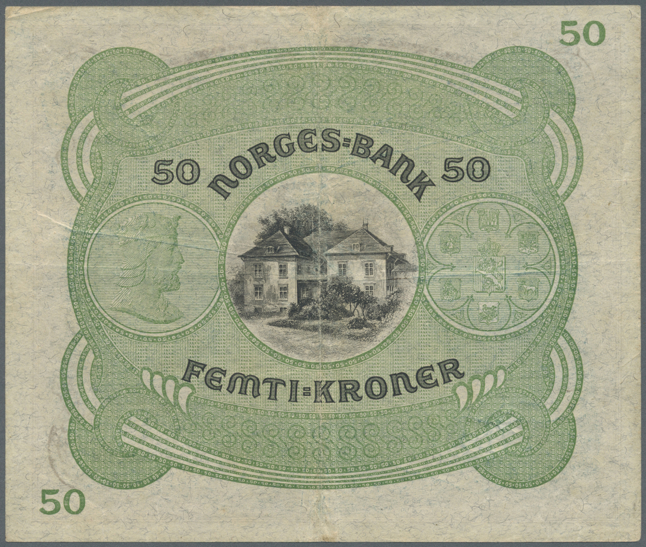 01916 Norway / Norwegen: 50 Kroner 1943 P. 9d, Used With Stronger Center Fold, Vertical Folds, No Holes Or Tears, Not Wa - Norway