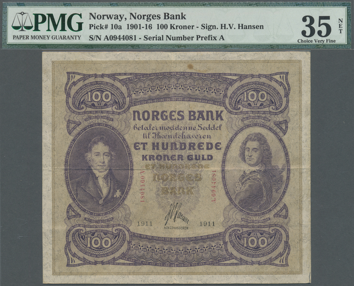 01917 Norway / Norwegen: 100 Kroner 1911 With Signature: Hansen, P.10a, Vertical And Horizontal Folds, Ink At Upper Marg - Norway