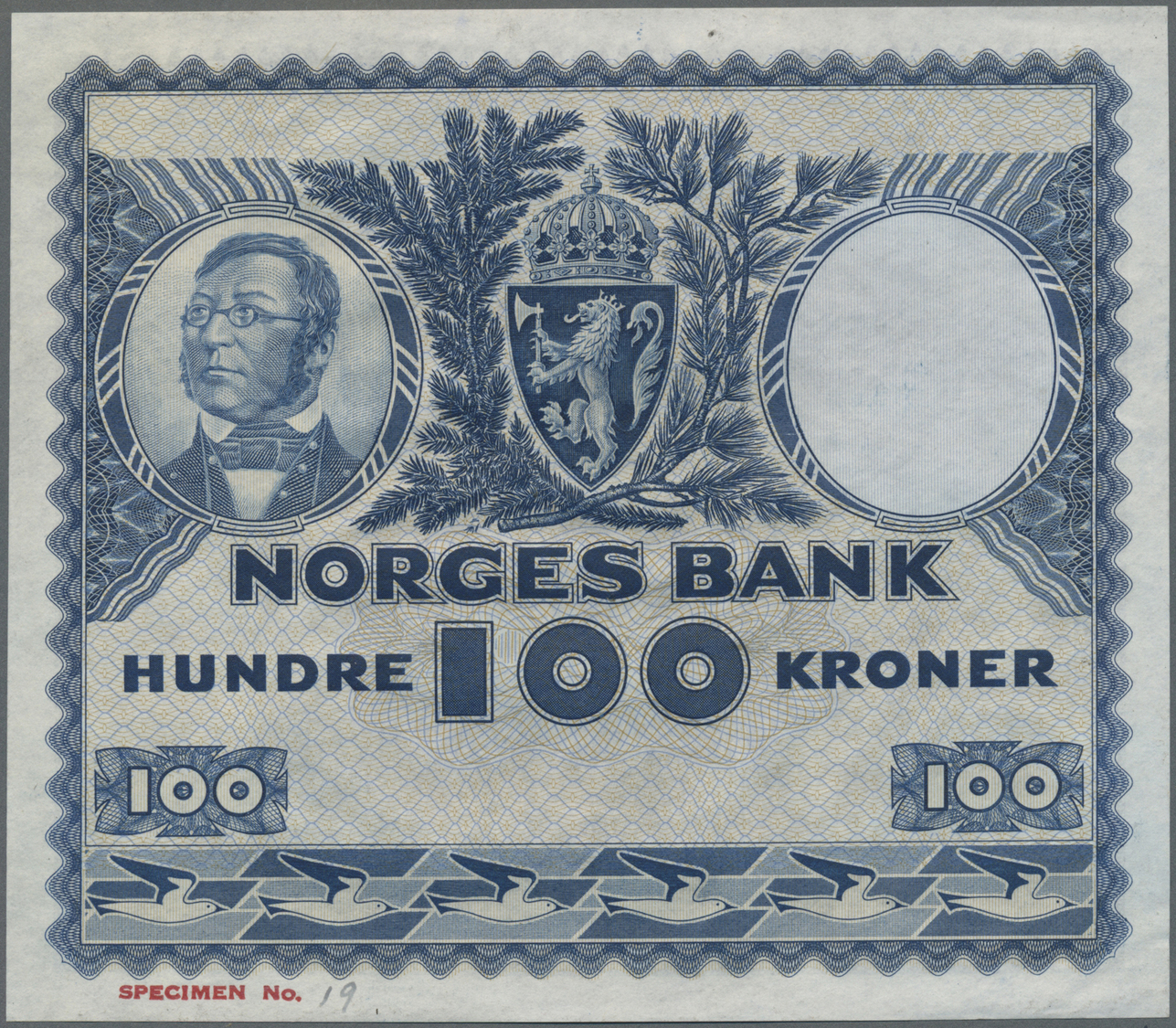 01920 Norway / Norwegen: 100 Kroner 1949-62 Color Trial Specimen In Blue Instead Of Red, P.33cts With Specimen Number "N - Norway