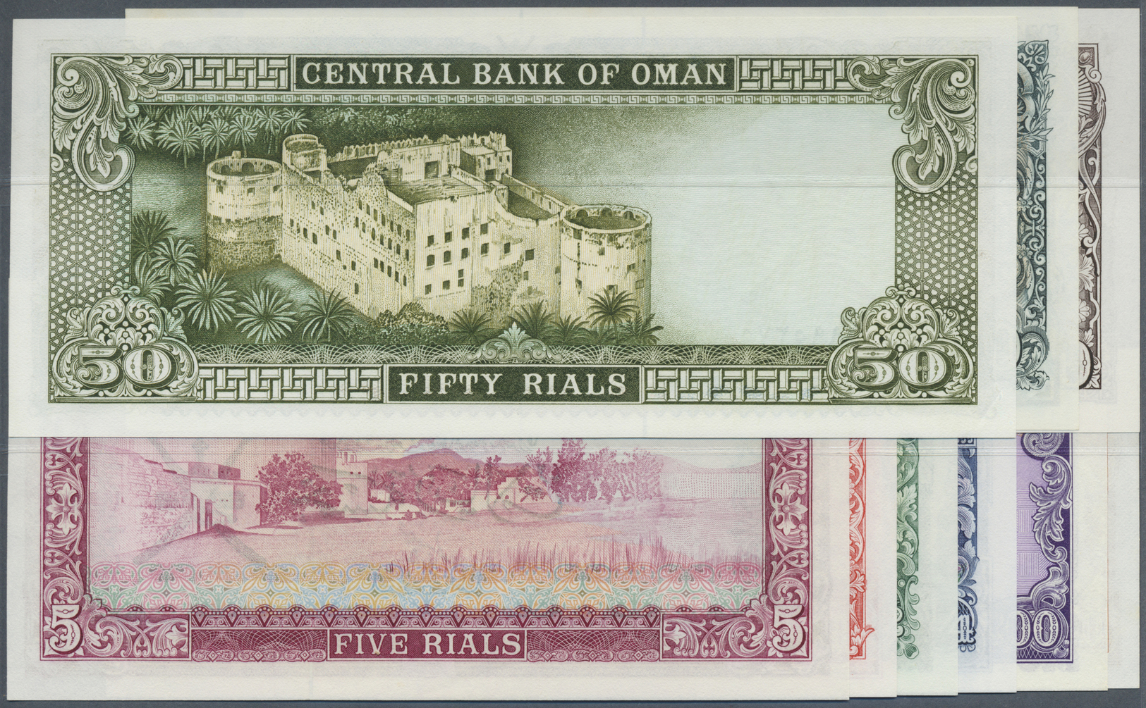 01925 Oman: Complete Set Of 9 Notes From 100 Baisa To 50 Rials ND P. 13-21, The 1, 5 And 10 Rials In AUNC, All Others In - Oman