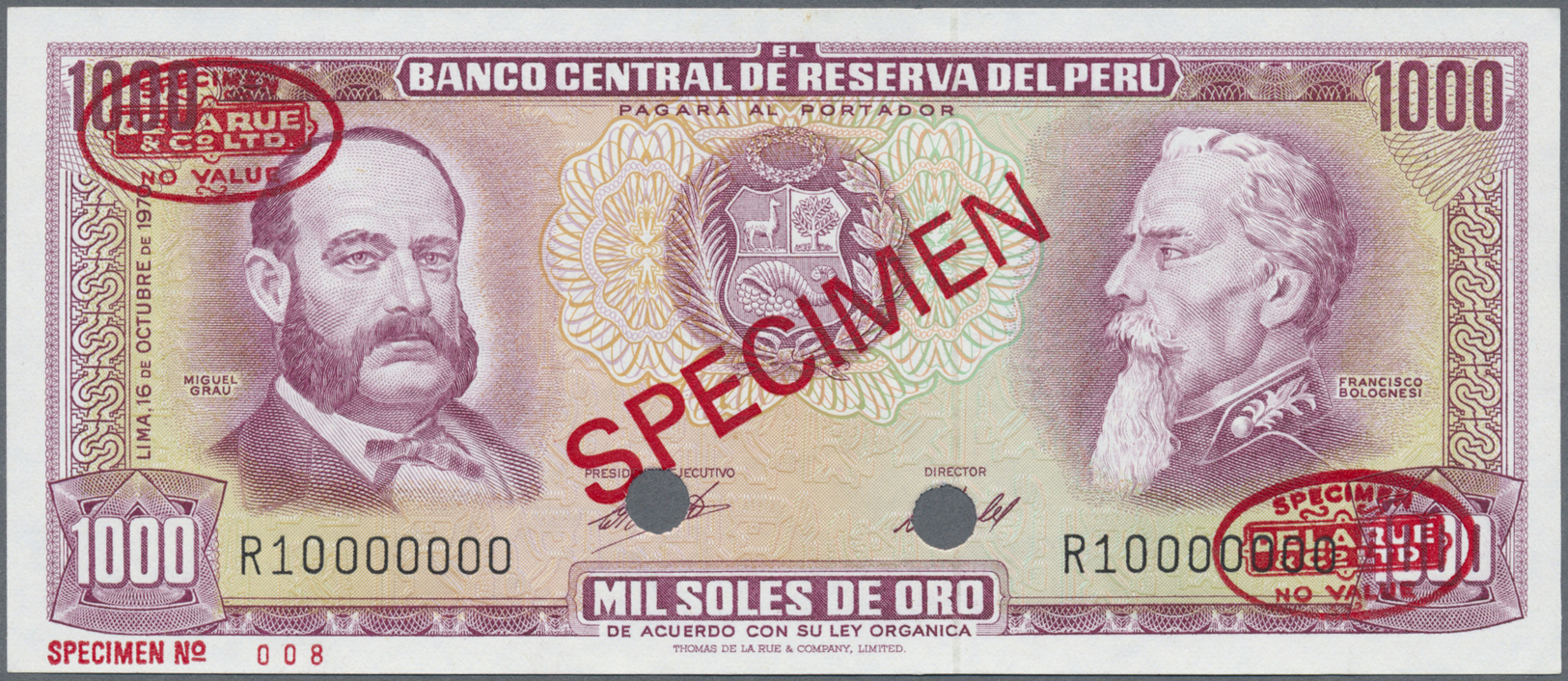 01963 Peru:  Banco Central De Reserva Del Perú 1000 Soles De Oro October 16th 1970 SPECIMEN, P.105as In Perfect UNC Cond - Peru