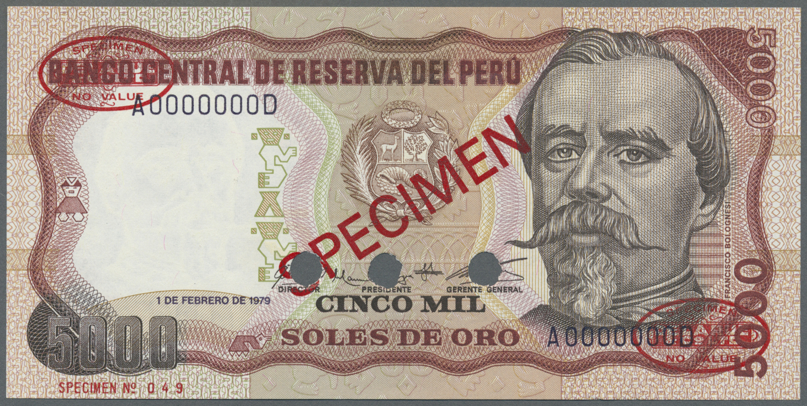 01964 Peru: 5000 Soles 1979 Specimen P. 119s In Condition: UNC. - Peru