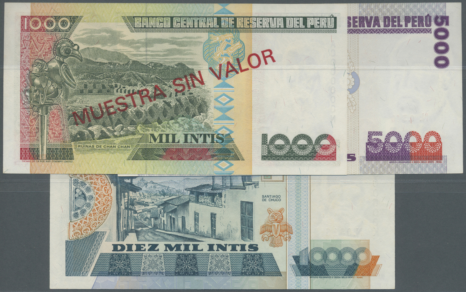 01968 Peru: Set Of 3 Specimen Notes Containing 5000 Intis 1988, 10.000 Intis 1988 And 1000 Intis 1988, All In Condition: - Peru
