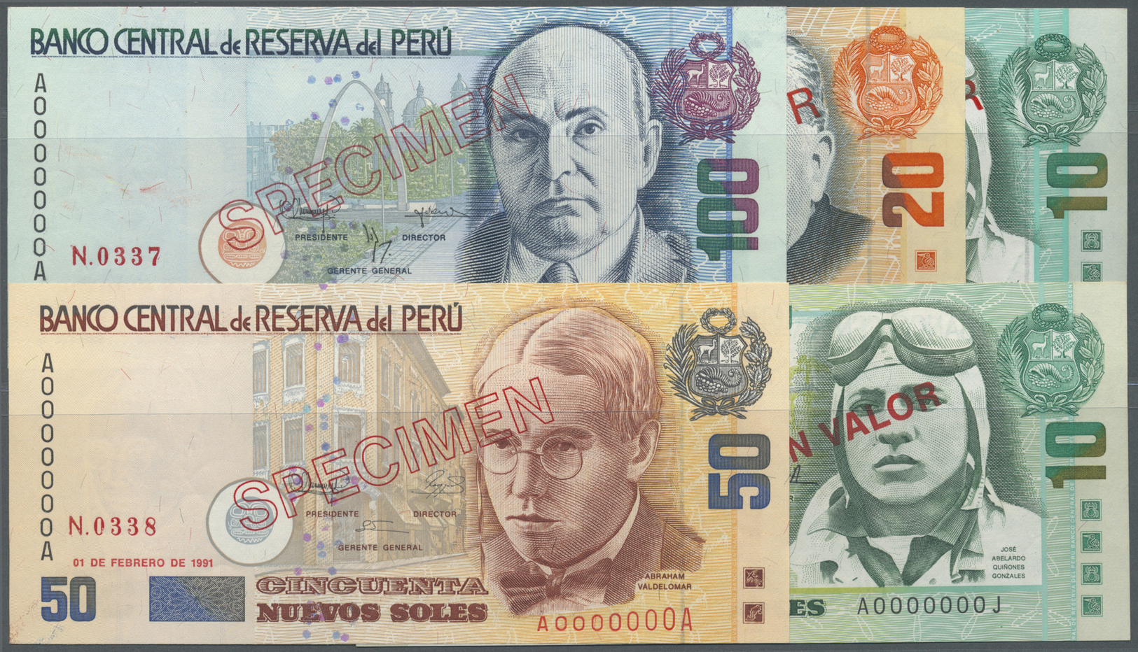 01969 Peru: Set Of 5 Specimen Notes Containing 10, 20, 50 And 100 Soles 1991 And 10 Soles 1995 Specimen, 2x AUNC And 3x - Peru