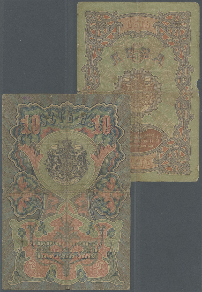 00369 Bulgaria / Bulgarien: Set Of 2 Notes Containing 5 Leva Zlato ND(1907) Gold With Provisional Overprint P. 7 In Cond - Bulgaria