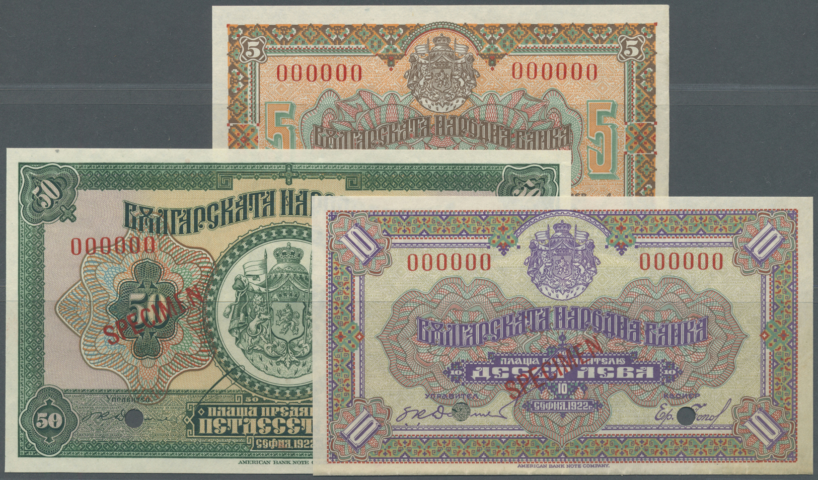 00389 Bulgaria / Bulgarien: Highly Rare Specimen Set Of The 1922 Series, Comprising 5, 10 And 50 Leva 1922 SPECIMEN, P.3 - Bulgaria