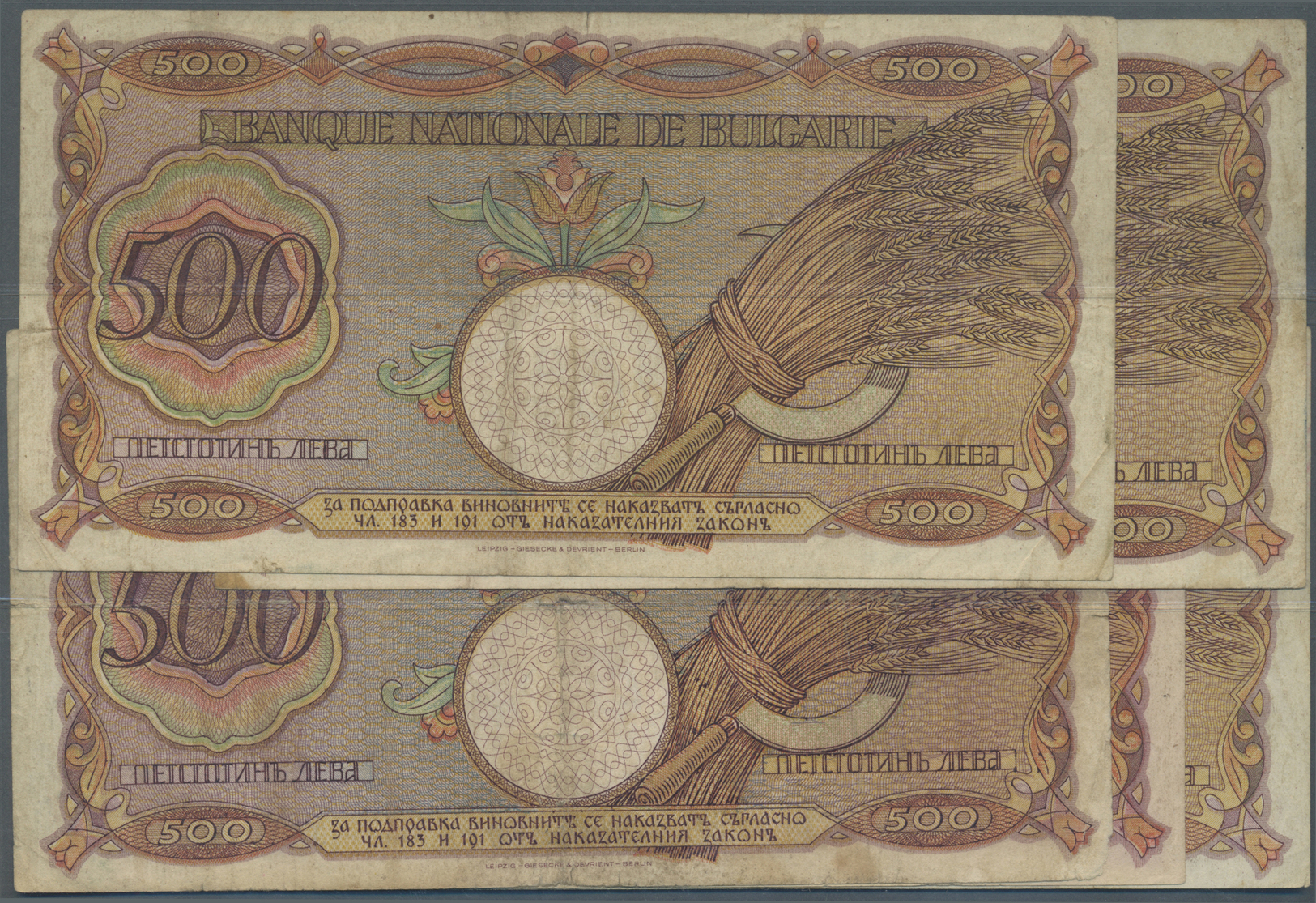 00409 Bulgaria / Bulgarien: Set With 5 Banknotes 500 Leva 1938, P.55, All In Used Condition With Several Folds, Stained - Bulgaria