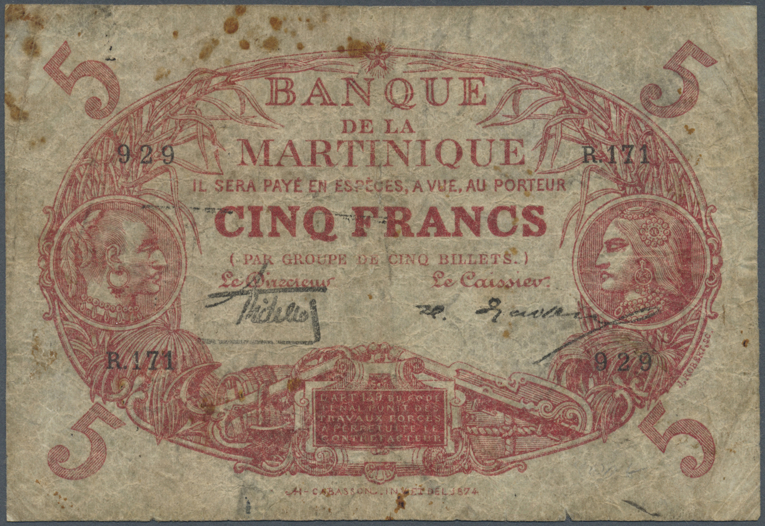 01679 Martinique: 5 Francs 1929 P. 6A, Rare Early Date Issue Of This Note And Seldom Seen On The Banknotes Market. This - Other & Unclassified