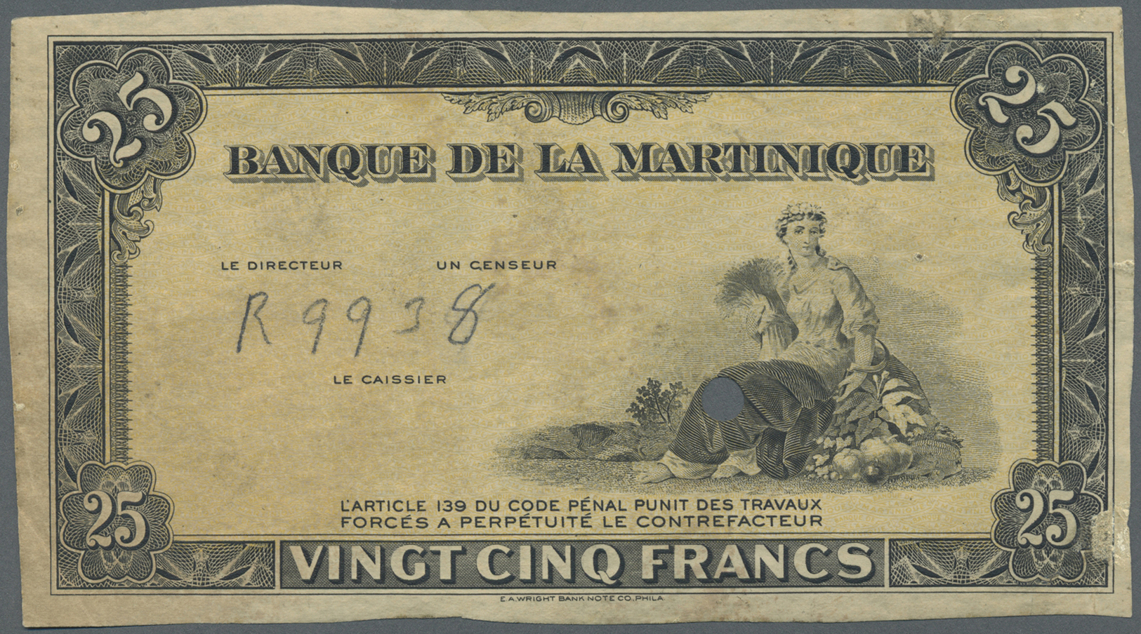 01681 Martinique: Essai Uniface En Noir Sur Crême, Banque De La Martinique 25fr, Sans N° Ni Signatures, Annoté R9938, Pe - Other & Unclassified