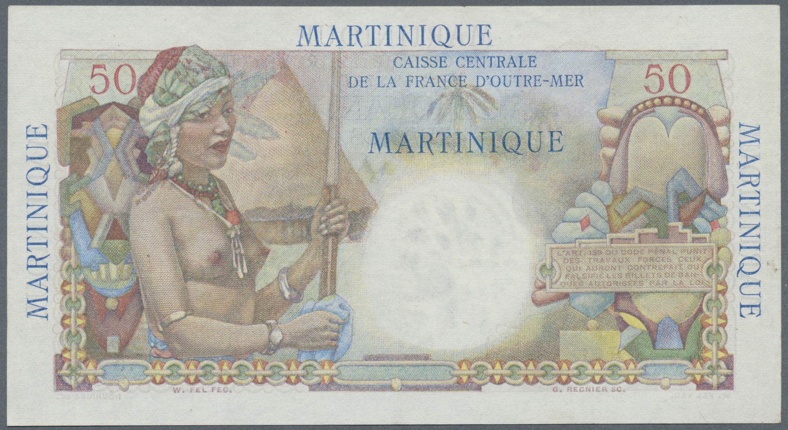 01682 Martinique: 50 Francs ND(1947-52) P. 30, Strong Paper With Crispness, Light Waves At Upper Border, Paper Irritatio - Other & Unclassified