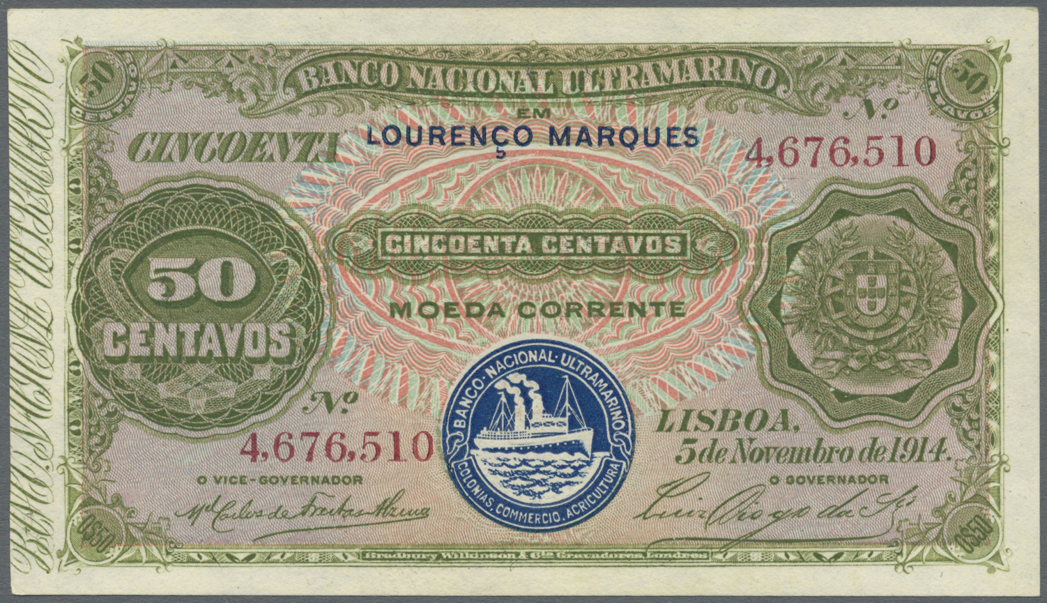 01763 Mozambique: 50 Centavos 1914 P. 55 In Condition: UNC. - Mozambique