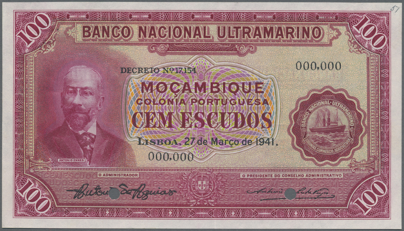 01767 Mozambique: 100 Escudos 1971 Specimen P. 77s With Light Center Bend In Condition: XF To XF+. - Mozambique