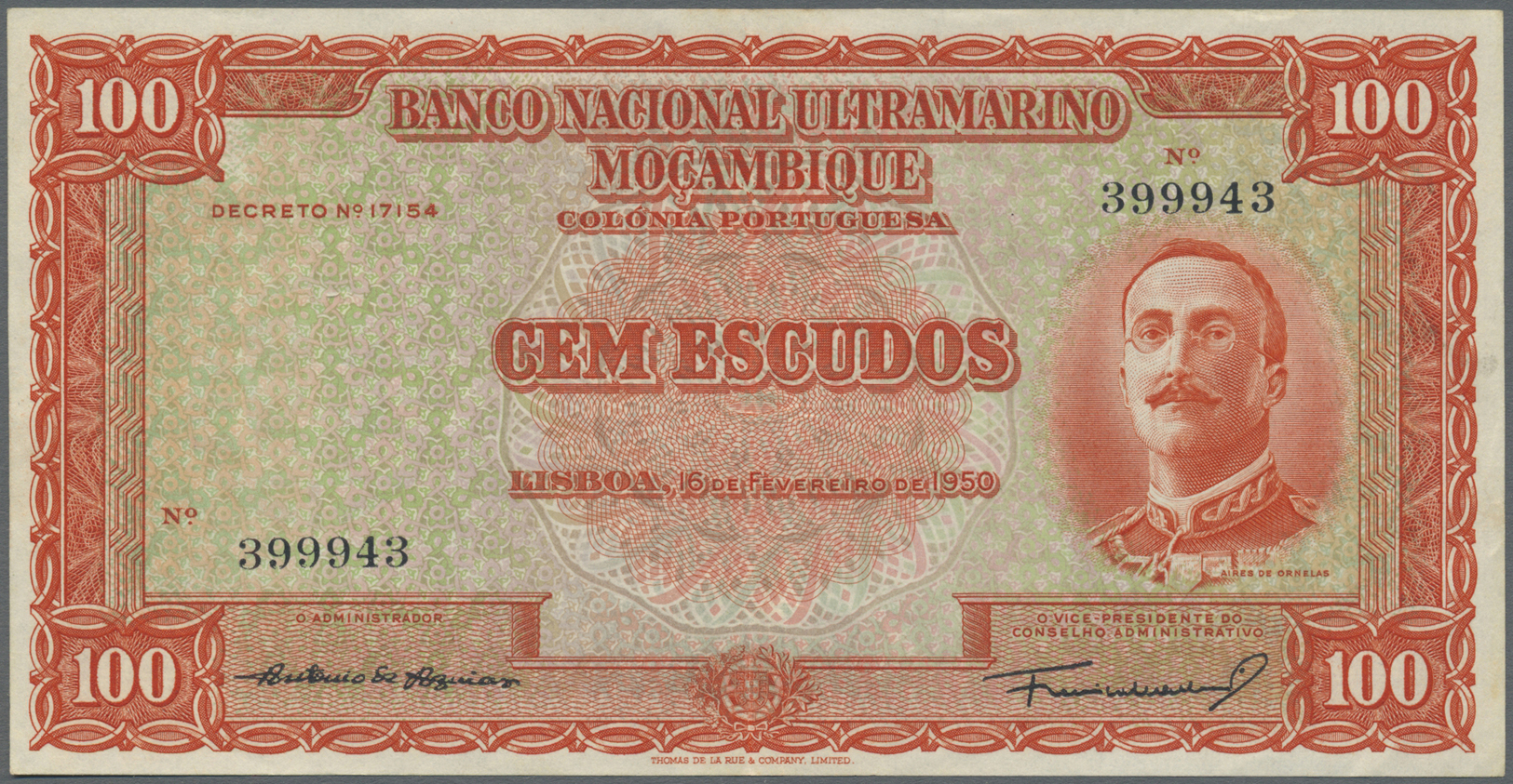01770 Mozambique: 100 Escudos 1950 P. 103 In Exceptional Condition: XF. - Mozambique