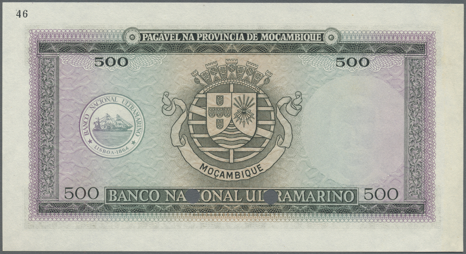 01772 Mozambique: 500 Escudos Color Trial Specimen ND P. 104cts In Condition: AUNC (mounting Traces At Right Border On B - Mozambique