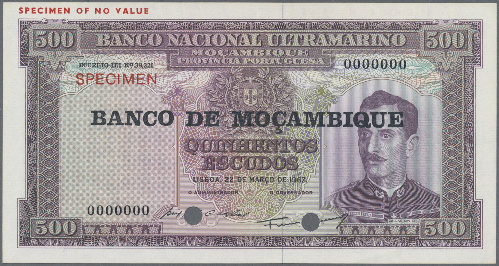 01773 Mozambique: Banco Nacional Ultramarino 500 Escudos March 22nd 1967 SPECIMEN, P.110s In Perfect UNC Condition - Mozambique