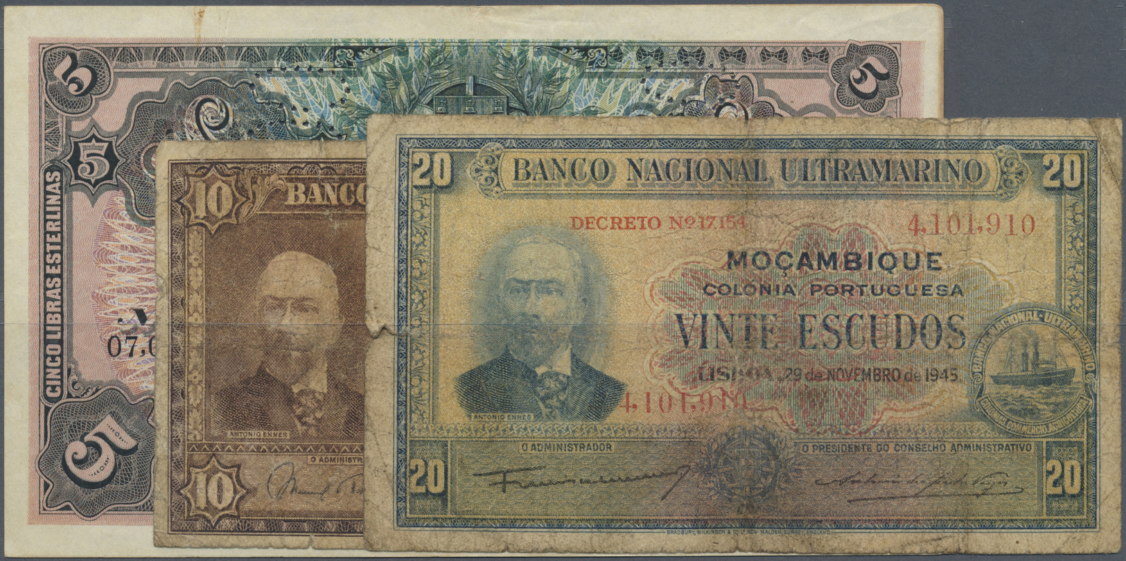 01774 Mozambique: Set Of 3 Notes Containing 10 Escudos 1945 (VG To F-), 20 Escudos 1945 (VG To F-) And 5 Libras 1934 Can - Mozambique