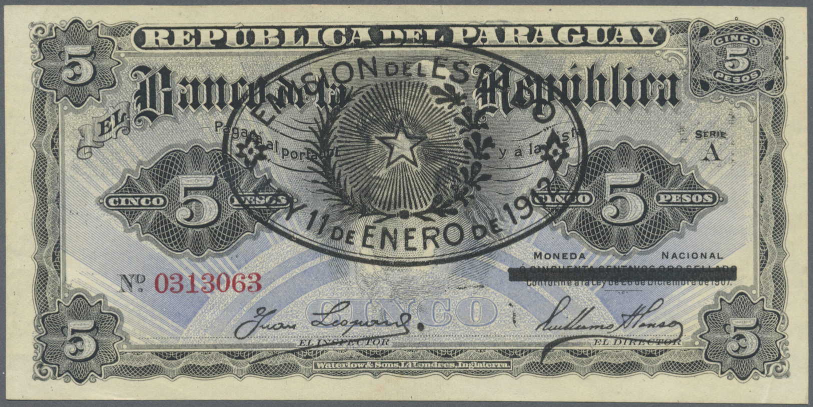 01950 Paraguay: 5 Pesos 1907 With Provisional Overstamp "Emision Del Estado 11 De Enero De 1912", P. 127, Light Dint At - Paraguay