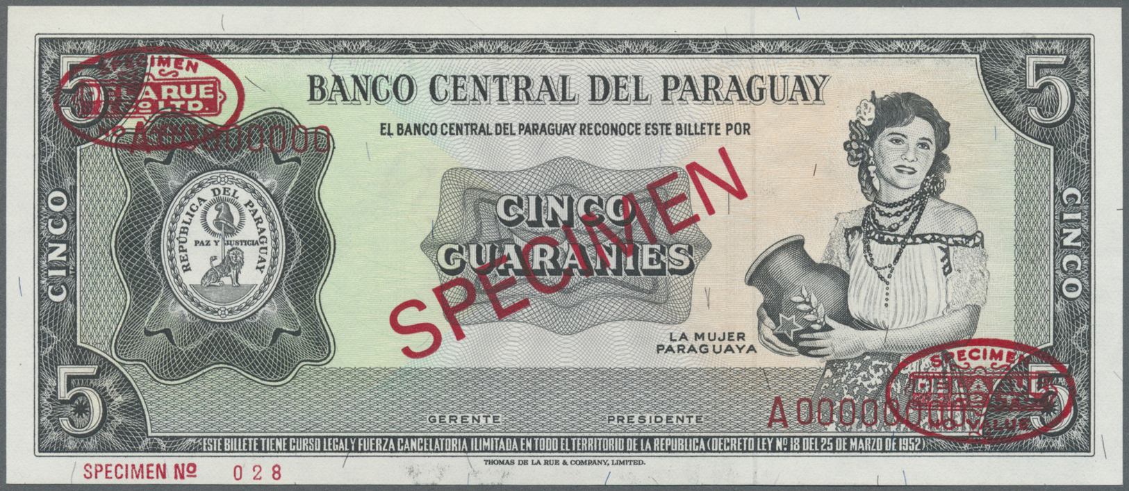 01951 Paraguay: 5 Guaranies 1952 Specimen P. 195bs In Condition: UNC. - Paraguay