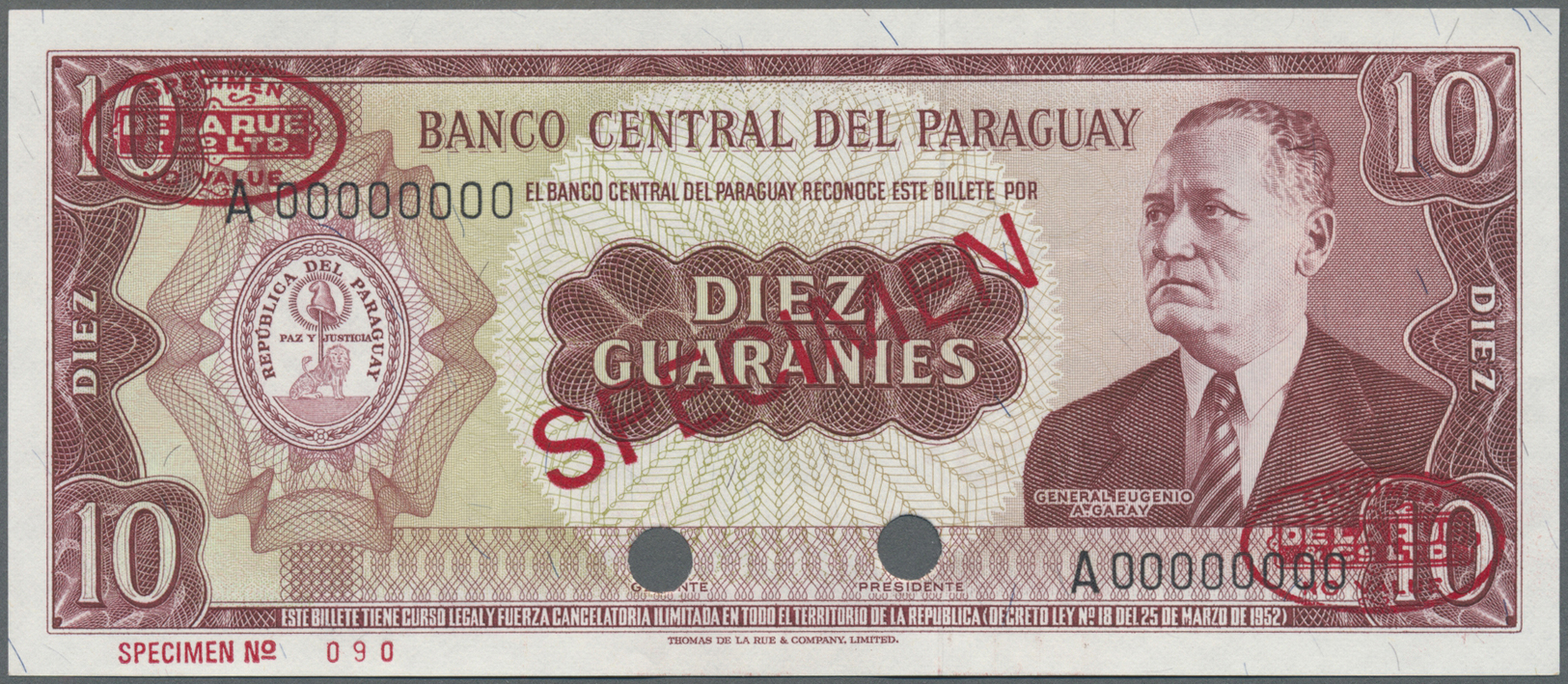 01952 Paraguay: 10 Guaranies 1952 Specimen P. 196bs In Condition: UNC. - Paraguay